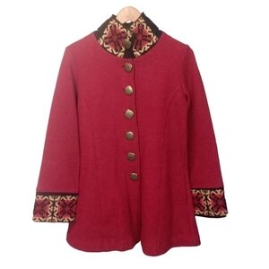 Icelandic Designs 100% Wool Embroidered Button Up Pea Coat Red Size Small